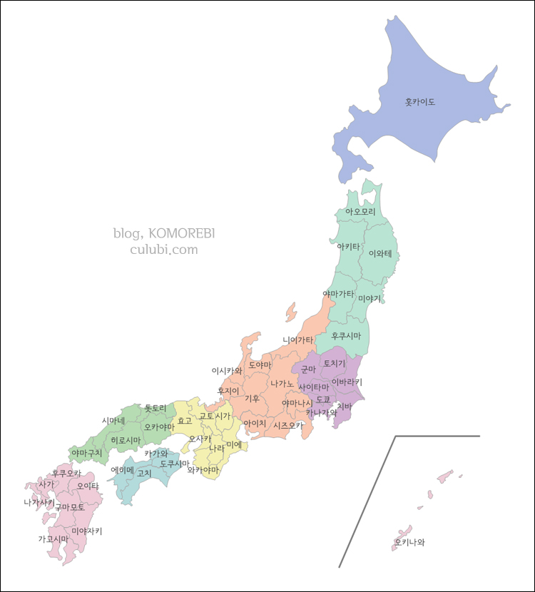 일본의 지역 구분 표시 지도